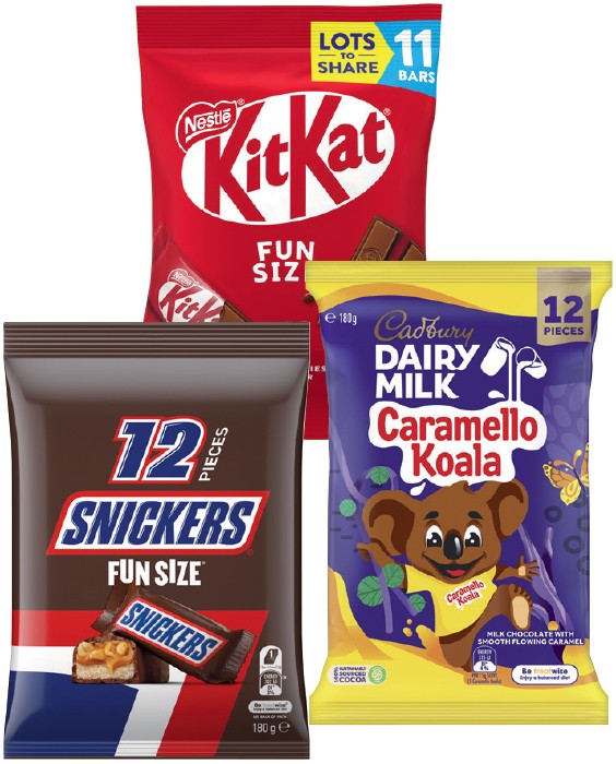 Cadbury Share Pack 144180g, Mars Fun Size Pack 132192g or Nestlé 127