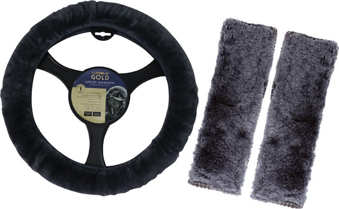 Cloudlux Sheepskin Steering Wheel Cover & Seat Belt Buddie Combo