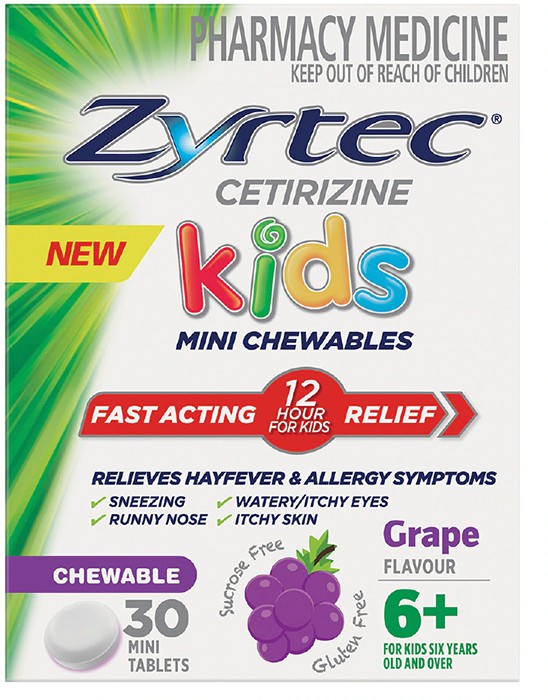 Zyrtec Kids Fast Acting Allergy & Hayfever Relief Grape 30 Chewable Tablets