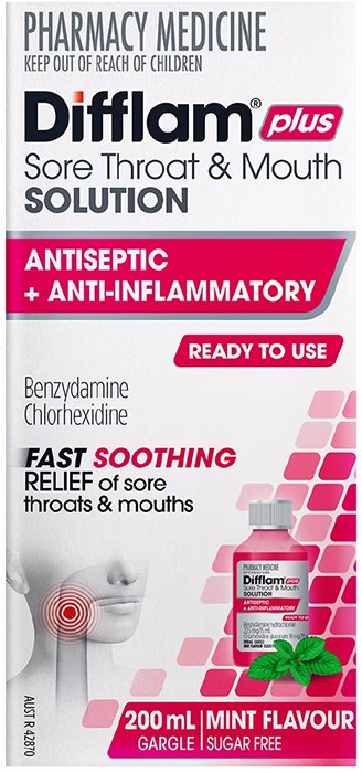Difflam Plus Sore Throat & Mouth Solution + Antiseptic & Anti-Inflammatory 200ml
