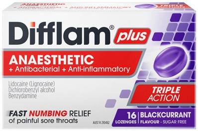 Difflam Plus Anaesthetic Blackcurrant Flavour 16 Lozenges