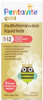 Pentavite Gold Multivitamin + Iron Liquid Kids 1-12 Years Watermelon Flavour 200mL