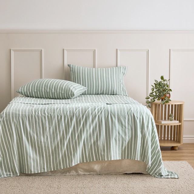 Sage Stripe Cotton Flannelette Sheet Set by Habitat