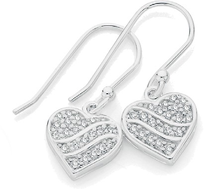 Sterling Silver Pave Cubic Zirconia Double Wave Heart Hook Drops