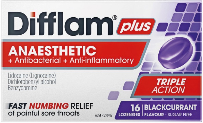 Difflam Plus Anaesthetic + Antibacterial + Anti-Inflammatory Blackcurrant Flavour 16 Lozenges
