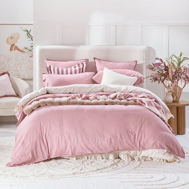 Washed Linen Look Vintage Rose Quilt Cover Set by Essentials