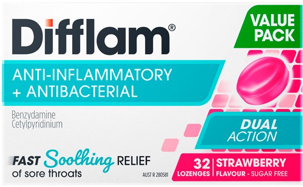 NEW Difflam Dual Action Strawberry Flavour Value Pack 32 Lozenges