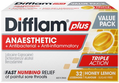 Difflam Plus Triple Action Honey & Lemon Flavour 32 Lozenges