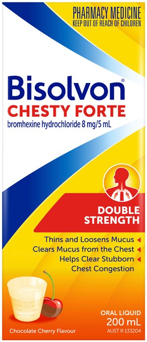 Bisolvon Chesty Forte Double Strength Oral Liquid Chocolate Cherry Flavour 200mL
