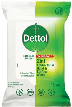 Dettol 2 in 1 Antibacterial Hand & Surface Wipes 15 Pack