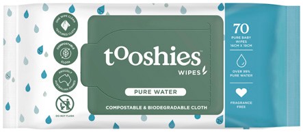 Tooshies Compostable & Biodegradable Pure Water Baby Wipes 70 Pack
