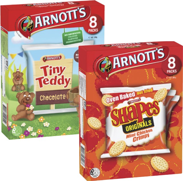 Arnott's Multipack Tiny Teddy Biscuits or Shapes Crackers 175g-200g