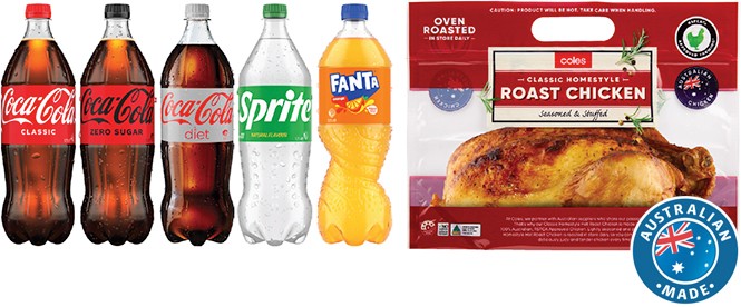 Coles Hot Roast RSPCA Approved Chicken & Coca-Cola, Fanta or Sprite Soft Drink 1.25 Litre Combo Deal