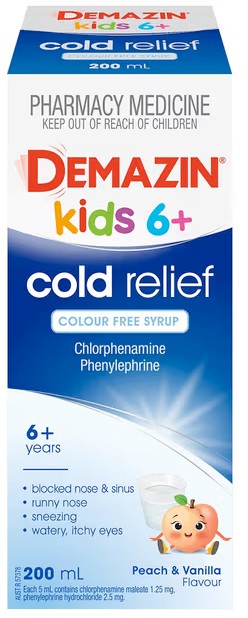 Demazin Kids 6+ Years Cold Relief Colour Free Syrup Peach & Vanilla 200ml
