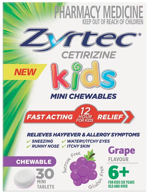Zyrtec Kids Fast Acting Allergy & Hayfever Relief Grape 30 Chewable Tablets