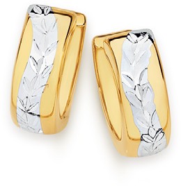 9ct Gold Two Tone 10mm Diamond Cut Huggie Earrings