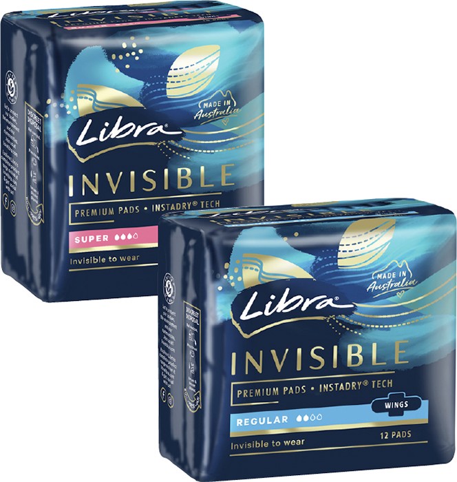 Libra Invisible Pads with Wings Regular 12 Pack or Super 10 Pack