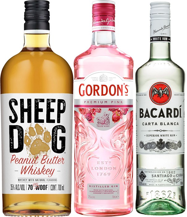 Sheep Dog Peanut Butter Whiskey, Gordon’s Premium Pink Gin or Bacardi Carta Blanca Rum 700mL