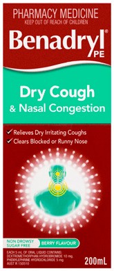 Benadryl PE Dry Cough & Nasal Congestion Cough Liquid 200mL
