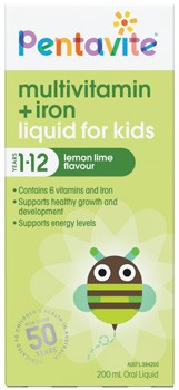 Pentavite Multivitamin + Iron Liquid for Kids 1-12 Years Lemon Lime Flavour 200mL