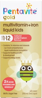 Pentavite Gold Multivitamin + Iron Liquid Kids 1-12 Years Watermelon Flavour 200mL