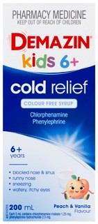 Demazin Kids 6+ Cold Relief Colour Free Syrup Peach & Vanilla Flavour 200mL