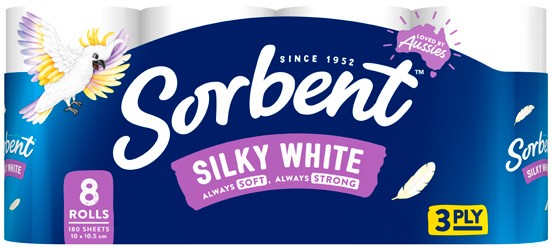 Sorbent Silky White 3 Ply Toilet Rolls 8 Pack