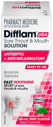 Difflam Plus Ready To Use Sore Throat & Mouth Gargle Solution Mint Flavour 200mL