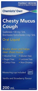 Chemists’ Own Chesty Mucus Cough Oral Liquid Vanilla and Strawberry Flavour 200mL