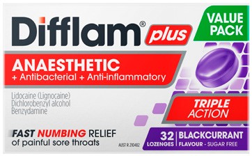NEW Difflam Plus Anaesthetic Blackcurrant Flavour Value Pack 32 Lozenges