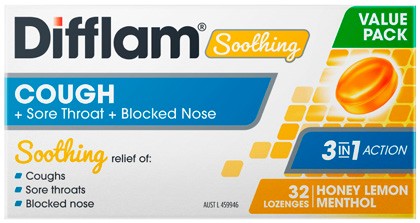 Difflam Soothing Cough + Sore Throat + Blocked Nose Honey Lemon Menthol Value Pack 32 Lozenges