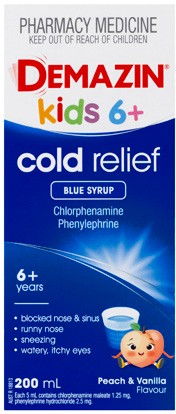 Demazin Cold Relief Kids 6+ Syrup Peach & Vanilla Flavour 200mL