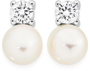 Sterling Silver Freshwater Button Pearl & Cubic Zirconia Stud Earrings