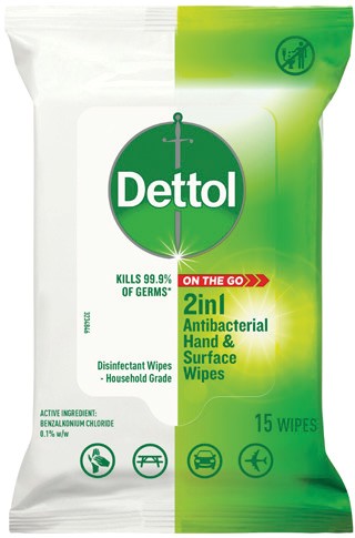 Dettol 2in1 Antibacterial Hands & Surface Wipes 15 Pack*