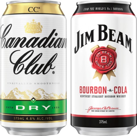 Canadian Club & Dry or Jim Beam & Cola 4.8% Cube 24 Pack
