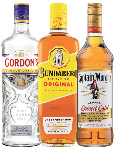 Gordon's London Dry Gin, Bundaberg UP Rum or Captain Morgan Spiced Gold 700mL