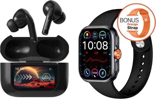 NEW AIWA Smartwatch with Noise-Cancelling Earbuds and Extra Strap - Black