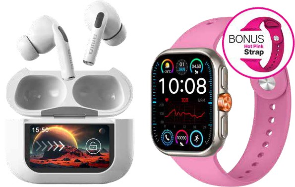 NEW AIWA Smartwatch with Noise-Cancelling Earbuds and Extra Strap - Pink