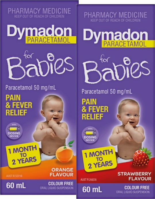 Dymadon Paracetamol for Babies 1 Month to 2 Years Orange or Strawberry Flavour 60mL