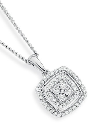 9ct White Gold Diamond Cushion Cluster Pendant