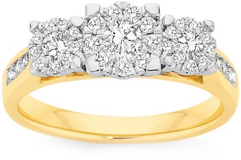 9ct Gold Diamond Cluster Trilogy Ring