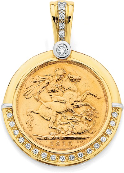 9ct Two Tone Diamond Set 22ct Full Sovereign Enhancer Pendant