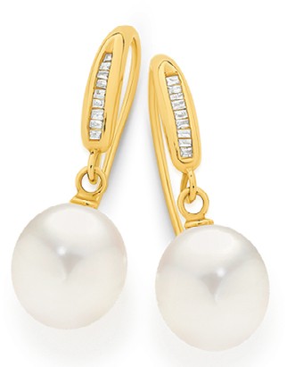 9ct Gold Cultured Fresh Water Pearl & Diamond Hook Earrings