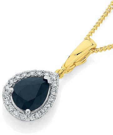 9ct Gold Black Sapphire & Diamond Pear Halo Pendant