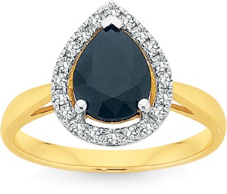 9ct Gold Black Sapphire & Diamond Pear Halo Ring