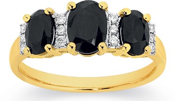 9ct Gold Black Sapphire & Diamond Trilogy Ring