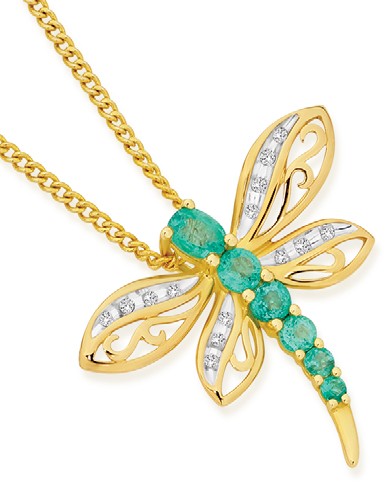 9ct Gold Emerald & Diamond Dragonfly Slider Pendant