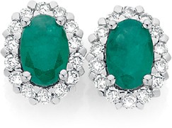 9ct Gold Emerald & Diamond Oval Frame Stud Earrings
