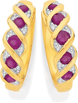 9ct Gold Natural Ruby & Diamond Huggie Earrings