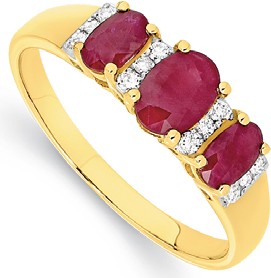 9ct Gold Ruby & Diamond Oval Trilogy Ring